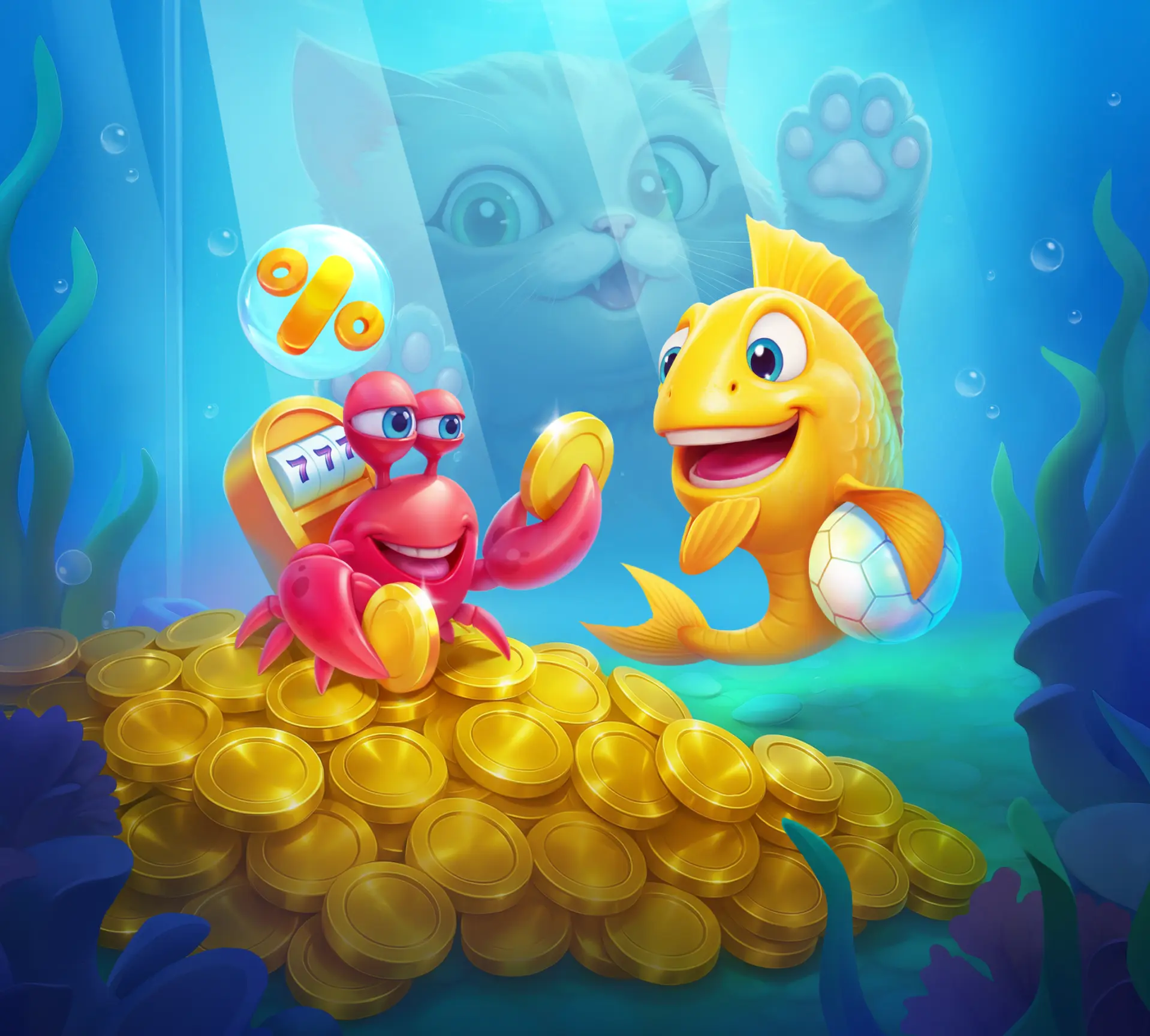 Un granchio rosso con una slot machine sulla schiena e un pesce giallo sorridente con un pallone si trovano su un mucchio di monete d’oro, osservati da un gatto attraverso il vetro dell’acquario.